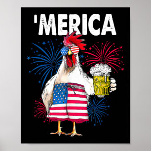 Poster Merica Drôle Drôle Poulet Avec Bière Drapeau Améri