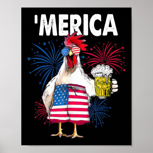 Poster Merica Drôle Drôle Poulet Avec Bière Drapeau Améri (Devant)
