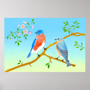 Poster Merles Bleus Bleu Clair & Vert