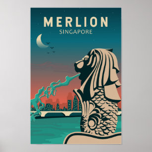 Poster Merlion Singapore Travel Vintage Art