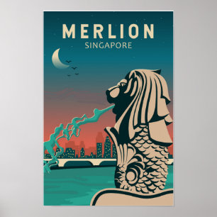 Poster Merlion Singapore Travel Vintage Art