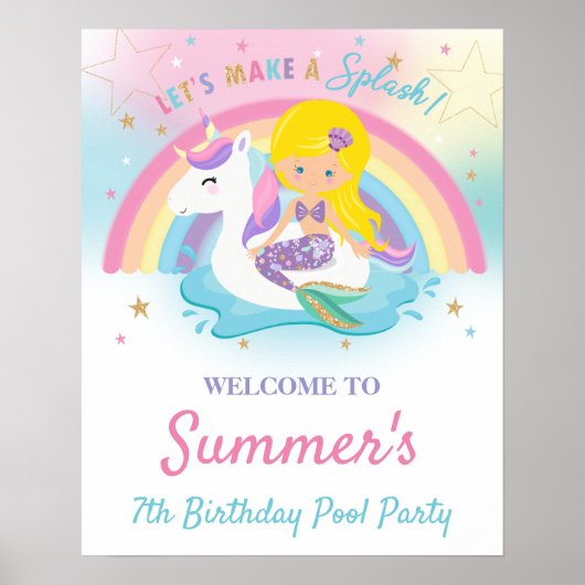 Poster Mermaid et Unicorn Pool Anniversaire fête Bienvenu (Devant)