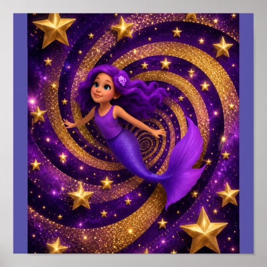 Poster Mermaid Étoile Dorée Violette Illusion d'Optique | (Devant)