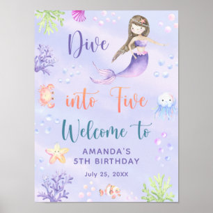 Poster Mermaid Girl Dive in Five Birthday Party Welcome