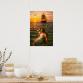 Poster Mermaid Looking At Sailing Ship At Sunset (Cuisine)
