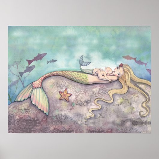 Poster Mermaid Lullaby Mère et bébé Aquarelle Imprimer (Devant)