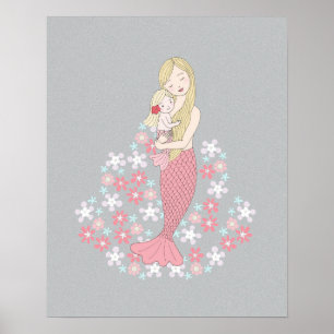 Poster Mermaid Mom and Baby Girl Blonde mermaid Floral