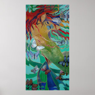 Poster Mermaid Nage avec Papillons Imaginaire Art