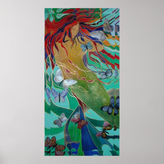 Poster Mermaid Nage avec Papillons Imaginaire Art (Devant)