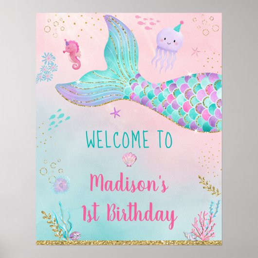 Poster Mermaid Pink Gold Under the Sea Anniversaire Bienv (Devant)