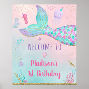 Poster Mermaid Pink Gold Under the Sea Anniversaire Bienv