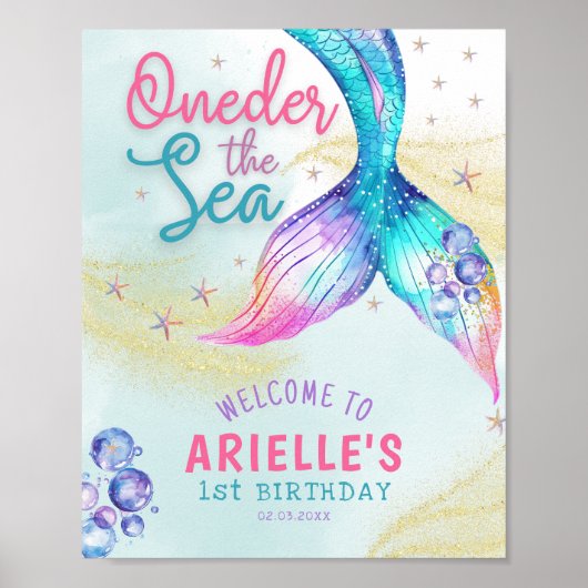 Poster Mermaid Tail Onder the sea 1st birthday Welcome (Devant)