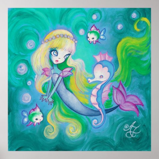 Poster Mermaid With Sea Horse And Fish (Devant)