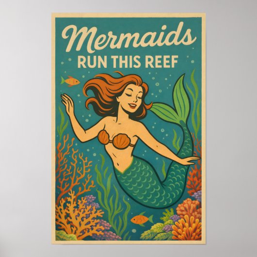 Poster Mermaids Run This Reef Funny Retro Coral Fish Art (Devant)