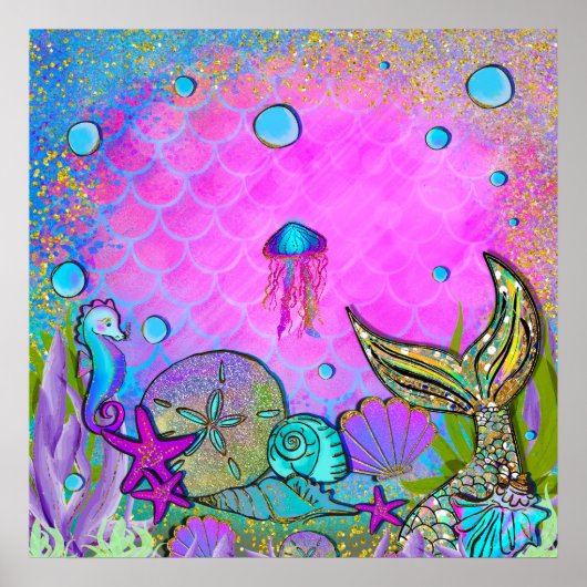 Poster Mermaiers & Sea Shells Pink Sparkly Anniversaire (Devant)