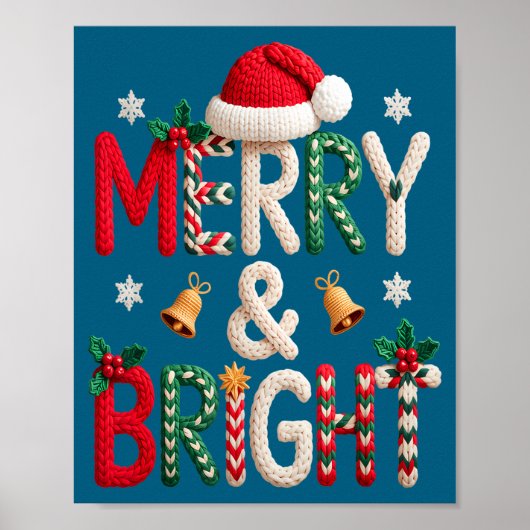 Poster Merry &amp; Bright Christmas Santa Hat Crochet Kni (Devant)