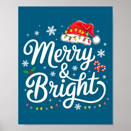Poster Merry And Bright Red Santa Hat Xmas Lights Holiday (Devant)