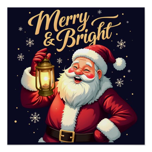 Poster Merry Bright Santa Holding Lantern Illustration (Devant)