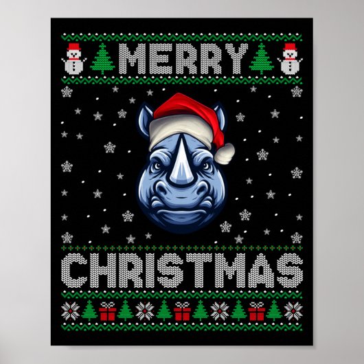 Poster Merry Christmas 2025 Rhino Santa Hat Ugly Xmas Lon (Devant)