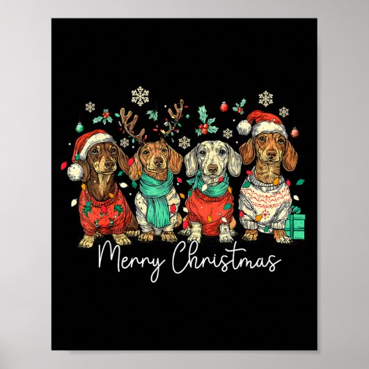 Poster Merry Christmas Dachshund Santa Dog Xmas Lights Ho (Devant)