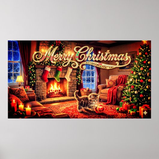 Poster Merry Christmas Decorative Artwork with Kitten (Devant)