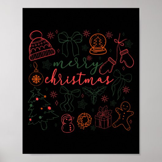 Poster Merry Christmas Doodle Xmas Tree Gingerbread Men W (Devant)