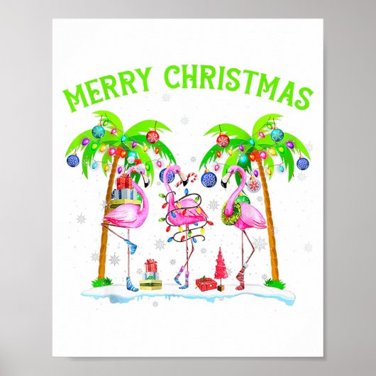 Poster Merry Christmas Flamingo Xmas Palm Tree Light Trop (Devant)
