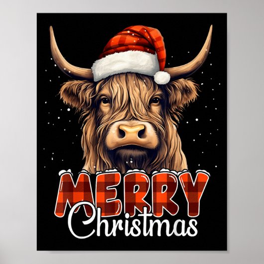 Poster Merry Christmas Highland Cow Western Santa Hat Xma (Devant)