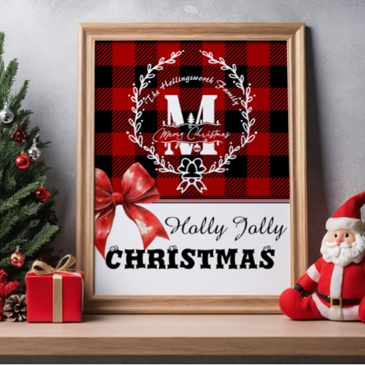 Poster Merry Christmas Monogram Wreath Buffalo Plaid