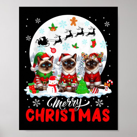 Poster Merry Christmas Three Santa Elf Reindeer Siamese C (Devant)