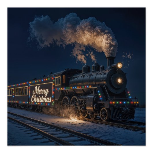 Poster Merry Christmas Vintage Train In Snow (Devant)
