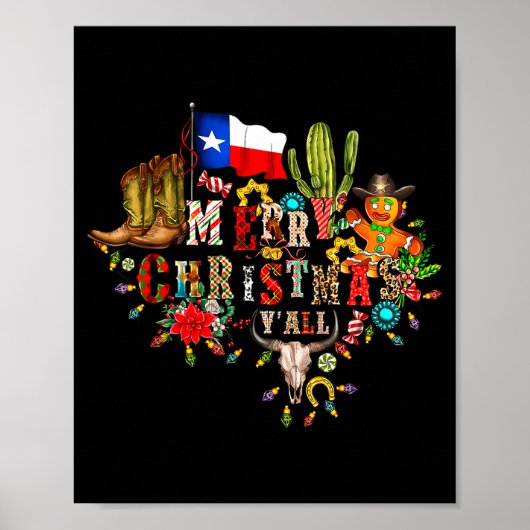 Poster Merry Christmas Y'all Texas Map Santa Hat Mens Wom (Devant)