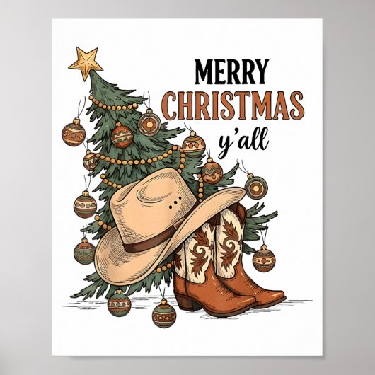 Poster Merry Christmas Y'all Western Cowboy Boots Hat Xma (Devant)