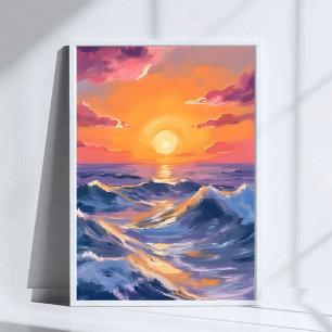 Poster Mers Rocheuses Vagues Océaniques Peinture Aquarell