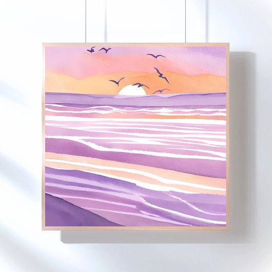 Poster Mers roses | Aquarelle Sunset Ocean Waves