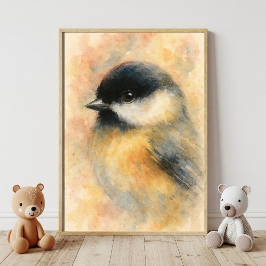 Poster Mésange à l'aquarelle : Portrait de doux oiseau ch