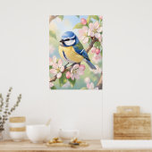 Poster Mésange bleue à l'aquarelle sur un pommier au prin (Cuisine)