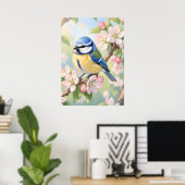 Poster Mésange bleue à l'aquarelle sur un pommier au prin (Bureau à domicile)