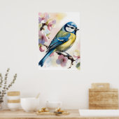Poster Mésange bleue à l'aquarelle sur un pommier au prin (Cuisine)