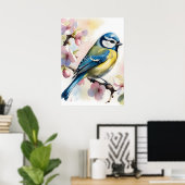 Poster Mésange bleue à l'aquarelle sur un pommier au prin (Bureau à domicile)