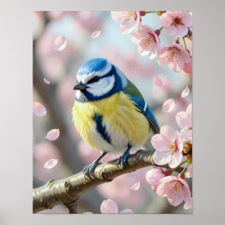 Poster Mésange bleue sur cerisier en fleurs Printemps