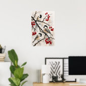 Poster Mésanges Branches enneigées avec des baies rouges (Bureau à domicile)