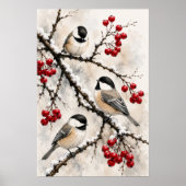 Poster Mésanges Branches enneigées avec des baies rouges (Devant)