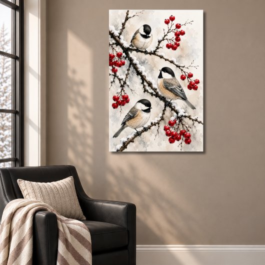 Poster Mésanges Branches enneigées avec des baies rouges