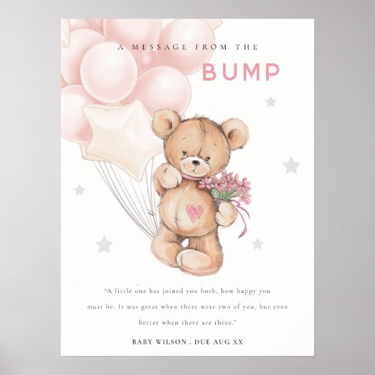Poster Message de ballon ours rose de la fête pour bébé (Devant)