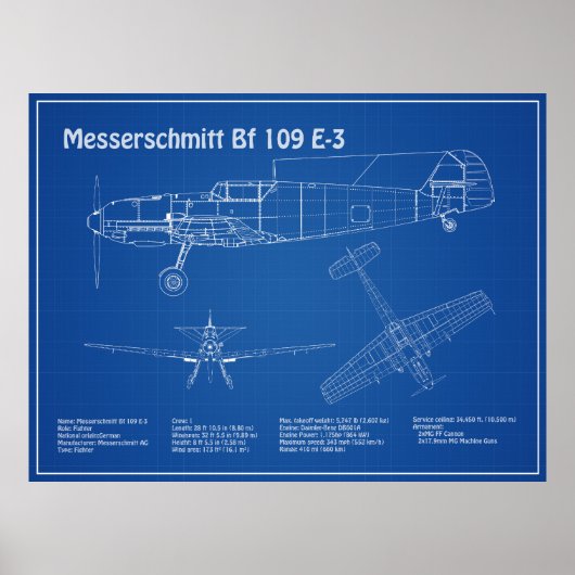 Poster Messerschmitt Bf 109 - Plan d'avion AD (Devant)
