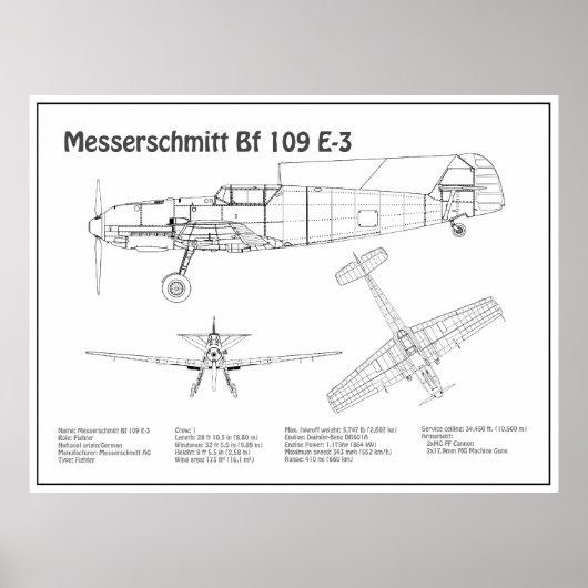 Poster Messerschmitt Bf 109 - Plan d'avion BD (Devant)