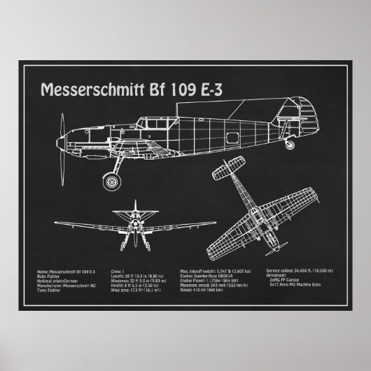 Poster Messerschmitt Bf 109 - Plan d'avion PD (Devant)