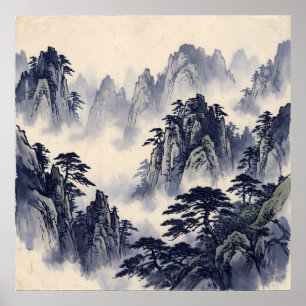 Poster met blauwe inkt berglandschap