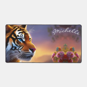 Poster met blauwe oosterse tijger en roze bloemen bureaumat